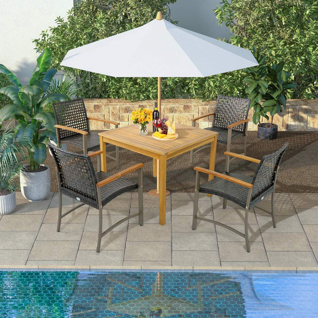 Terrassen-Rattan-Essstühle 4er-Set, Akazien-Armlehnen