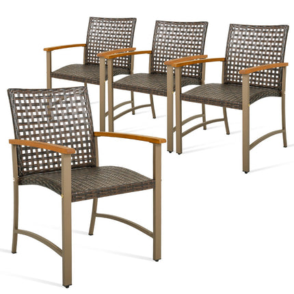 Terrassen-Rattan-Essstühle 4er-Set, Akazien-Armlehnen