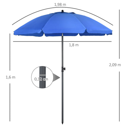 Parasol de terrasse Ø 180 cm, protection UV, parasol de plage, inclinaison réglable, 8 baleines, acier, bleu