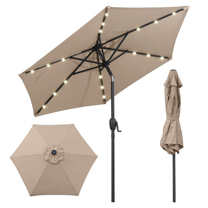 Sonnenschirm 230 cm, Solar-LED, Kurbelneiger, Hellbraun