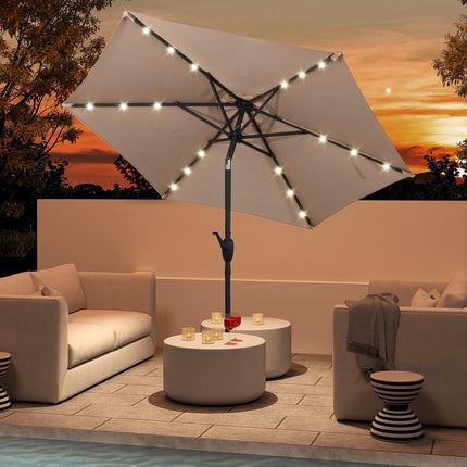 Sonnenschirm 230 cm, Solar-LED, Kurbelneiger, Hellbraun