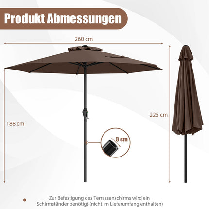 Zahradní slunečník 250 cm s klikou, 8 žeber, hnědá