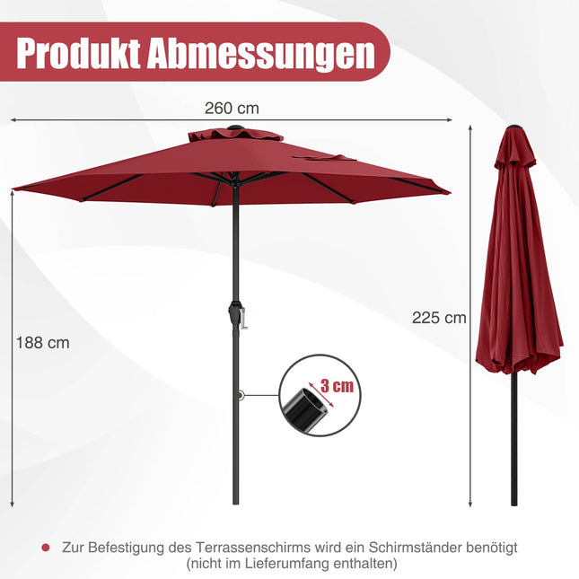 Sonnenschirm 250 cm mit Kurbel, 8 Streben, Bordeaux