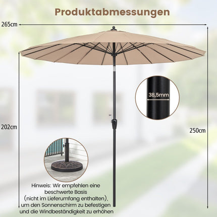 Patio Umbrella 265 cm, UV 50+, Tilt & Crank, Brown