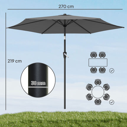 Patio Umbrella, 270cm, UV 50+ Protection, Dark Grey