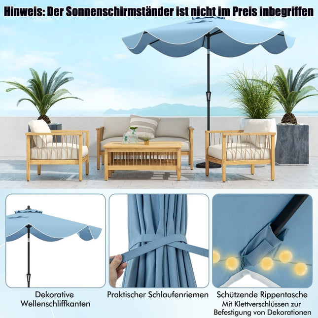 Sonnenschirm, 280 cm, knickbar & Kurbel, Blau, mit Volants