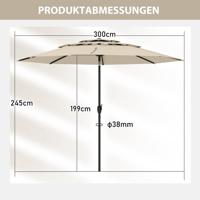 Sonnenschirm, 300 cm, Knickfunktion & Kurbel, Beige