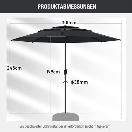 Sonnenschirm, 300 cm, Belüftet, Kippfunktion, Schwarz