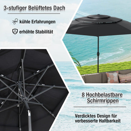 Sonnenschirm, 300 cm, Belüftet, Kippfunktion, Schwarz