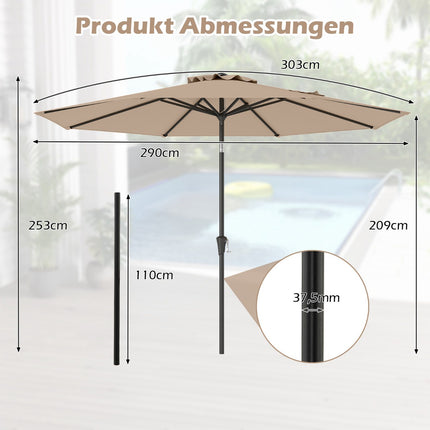 Sonnenschirm, 303 cm, neigbar, Braun, für den Außenbereich