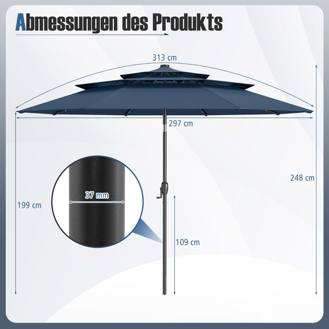 Sonnenschirm, 3-stöckig, Solar-LED, neigbar, Marineblau
