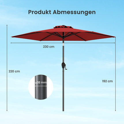 Zahradní slunečník s klikou, 230 cm, červená, nastavitelný náklon