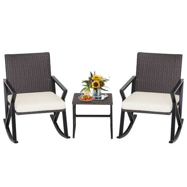 Rotan schommelstoelenset voor op het terras, 3-delig met tafel en kussens.