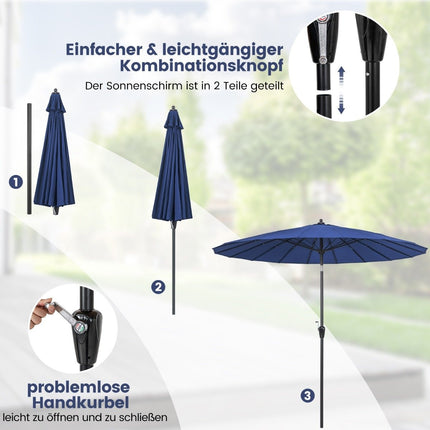 Terrassenschirm mit 18 Fiberglas-Speichen &amp; Neigung auf Knopfdruck &amp; Kurbel-Tischschirm Marineblau
