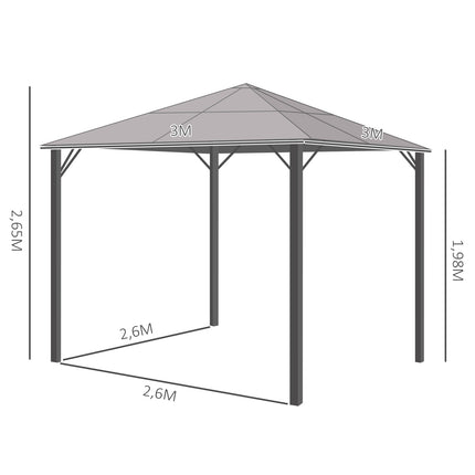 3x3m Aluminium Gartenpavillon, dunkelgrau, PC-Dach