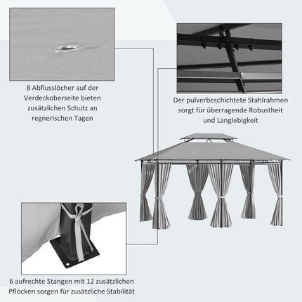 3x4m dunkelgrauer, wasserdichter Gartenpavillon mit 6 Seitenteilen
