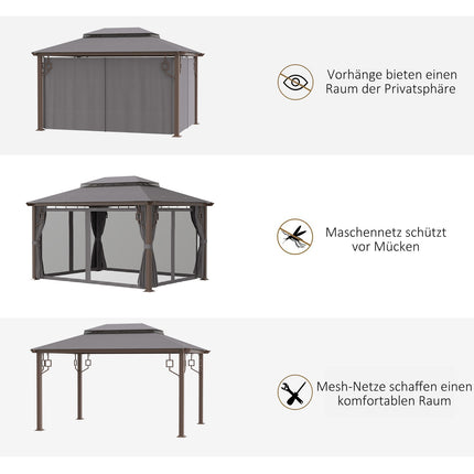 Pavillon de jardin 4 x 3 m, tente de jardin, chapiteau de réception avec 4 panneaux latéraux, 4 moustiquaires, double toit respirant en métal et polyester