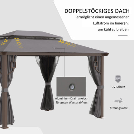 Pavillon de jardin 4 x 3 m, tente de jardin, chapiteau de réception avec 4 panneaux latéraux, 4 moustiquaires, double toit respirant en métal et polyester