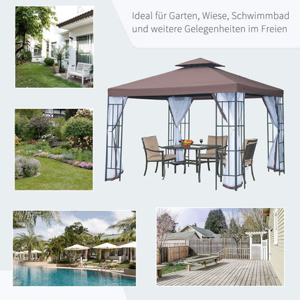 Pavillon de jardin avec moustiquaires et parois latérales, tente de réception à double toit, chapiteau de jardin 2,97 x 2,97 m