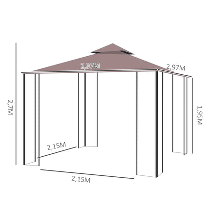 Pavillon de jardin avec moustiquaires et parois latérales, tente de réception à double toit, chapiteau de jardin 2,97 x 2,97 m