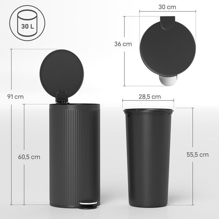Pedal Bin 30 L with Soft-Close Lid, Removable Inner Bucket, Black