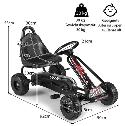 Tret-Gokart für Kinder, verstellbarer Sitz, Handbremse, Schwarz