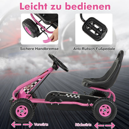 Tret-Gokart für Kinder, verstellbarer Sitz, Handbremse, Pink