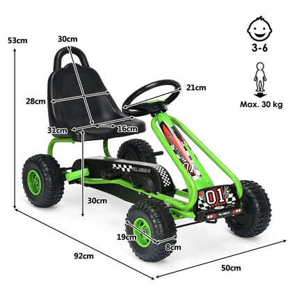 Kart à pédales avec siège réglable, 4 roues, voiture à pédales, 92 x 50 x 53 cm, vert et noir