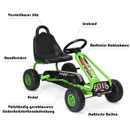 Kart à pédales avec siège réglable, 4 roues, voiture à pédales, 92 x 50 x 53 cm, vert et noir