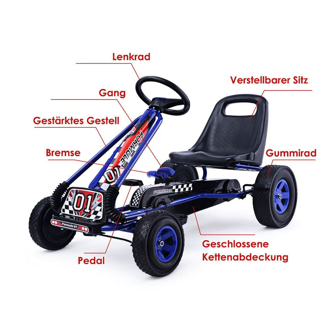 Tret-Gokart Racing Kinderauto Tretfahrzeug Tretauto Gokart Außensitz Blau