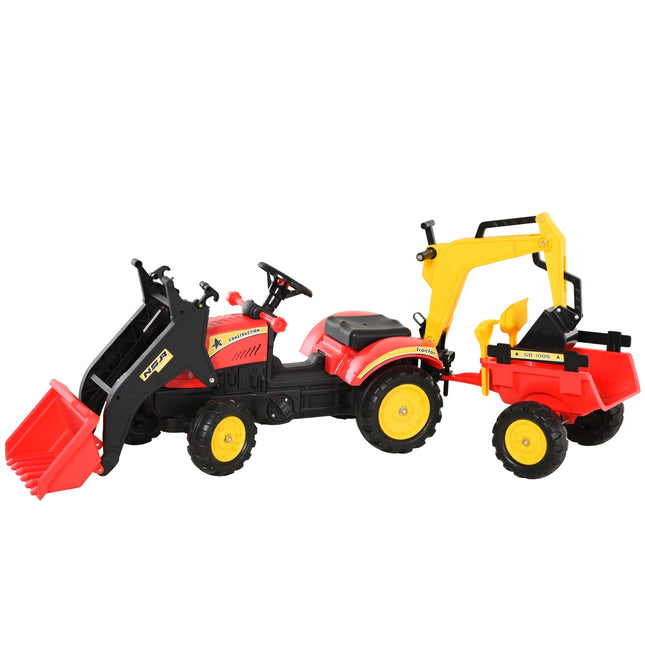 Trettraktor für Kinder mit Anhänger und Frontlader, rot