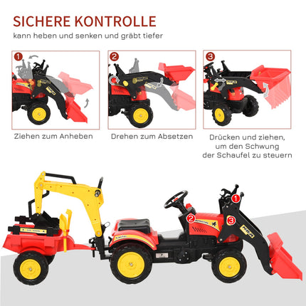 Trettraktor für Kinder mit Anhänger und Frontlader, rot