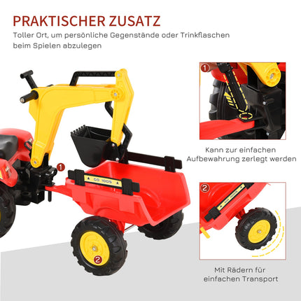 Trettraktor für Kinder mit Anhänger und Frontlader, rot