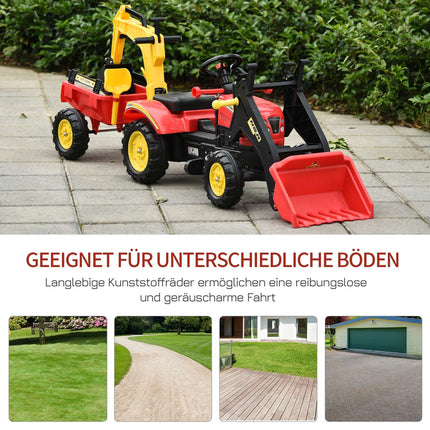 Trettraktor für Kinder mit Anhänger und Frontlader, rot