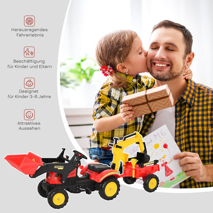 Trettraktor für Kinder mit Anhänger und Frontlader, rot