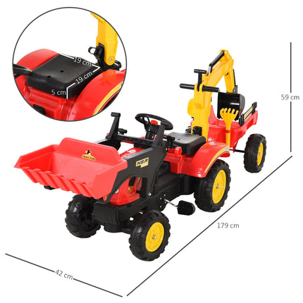 Trettraktor für Kinder mit Anhänger und Frontlader, rot