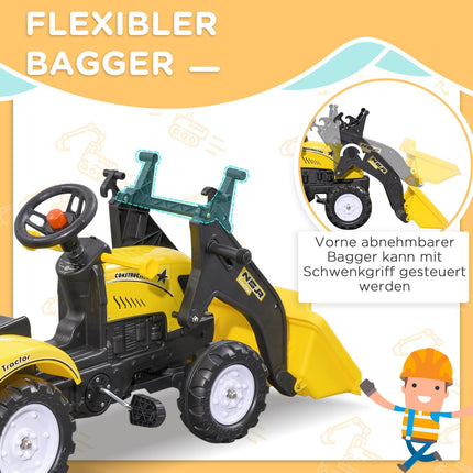 Yellow pedal tractor and trailer for children 3+ with shovel