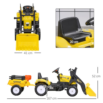 Yellow pedal tractor and trailer for children 3+ with shovel