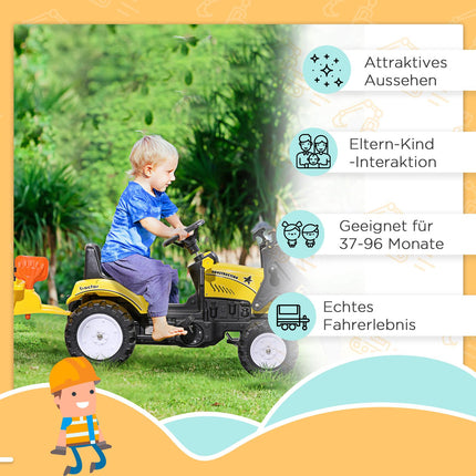 Yellow pedal tractor and trailer for children 3+ with shovel