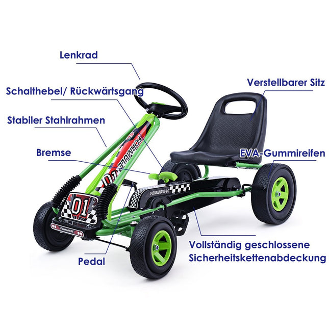 Pedal-Gokart Pedal-Aufsitzauto Kinderauto Tretfahrzeug 98 x 59 x 61cm Grün + Schwarz