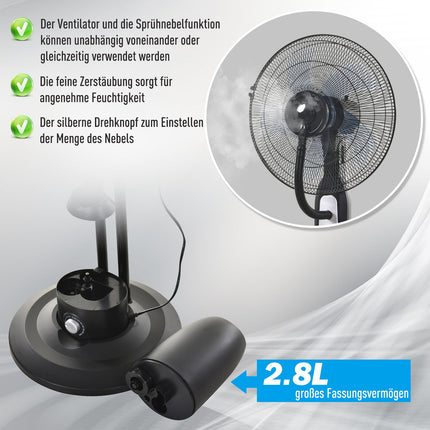 Pedestal fan with 2.8L mist, adjustable metal design