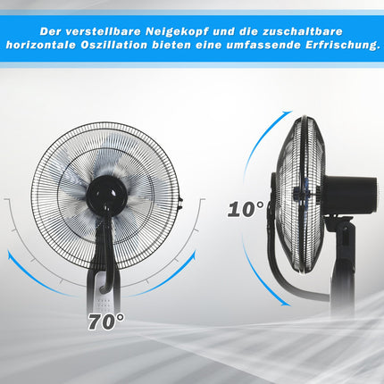 Pedestal fan with 2.8L mist, adjustable metal design
