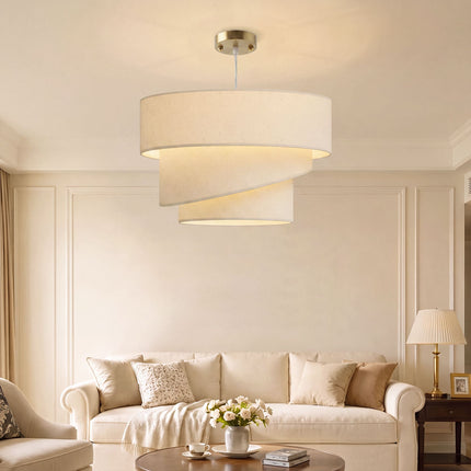 Pendant Light with 3 Tiered Linen-Look Shades, Height Adjustable, Beige