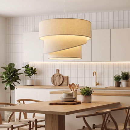 Pendant Light with 3 Tiered Linen-Look Shades, Height Adjustable, Beige