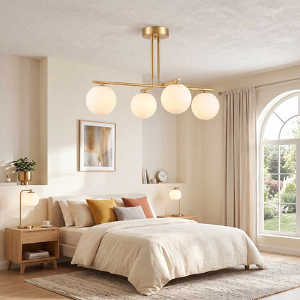 Pendant Light with 4 Globe Shades and 350° Rotating Arms, Gold, White, 47–60 cm