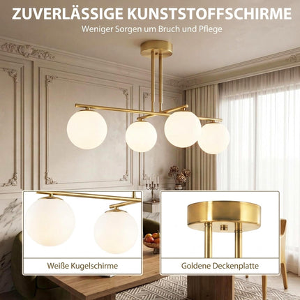 Pendant Light with 4 Globe Shades and 350° Rotating Arms, Gold, White, 47–60 cm