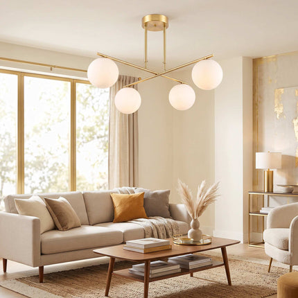 Pendant Light with 4 Globe Shades and 350° Rotating Arms, Gold, White, 47–60 cm