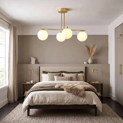 Pendant Light with 4 Globe Shades and 350° Rotating Arms, Gold, White, 47–60 cm