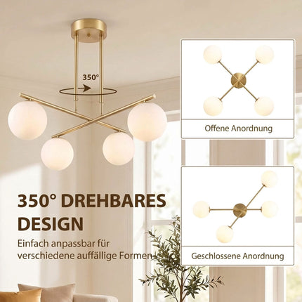 Pendant Light with 4 Globe Shades and 350° Rotating Arms, Gold, White, 47–60 cm