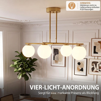 Pendant Light with 4 Globe Shades and 350° Rotating Arms, Gold, White, 47–60 cm